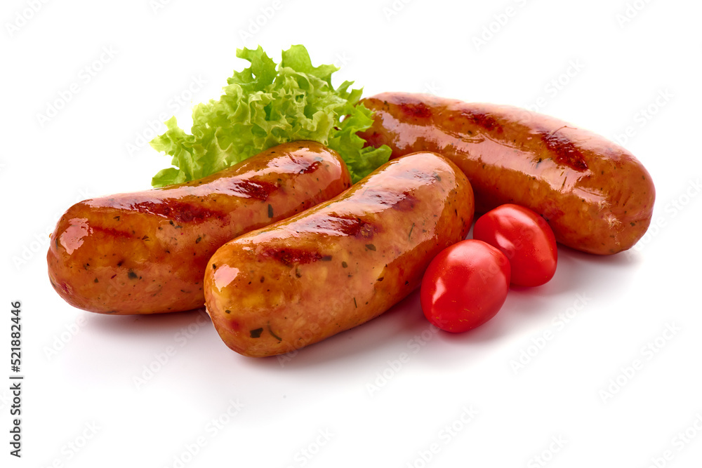 BBQ grilled pork sausages, isolated on white background. BBQ grilled pork sausages, isolated on white background.