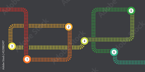 Vector illustration of curved railroad with marks isolated on dark background. Straight and curved railway train track infographic template. Top view railroad train path. 