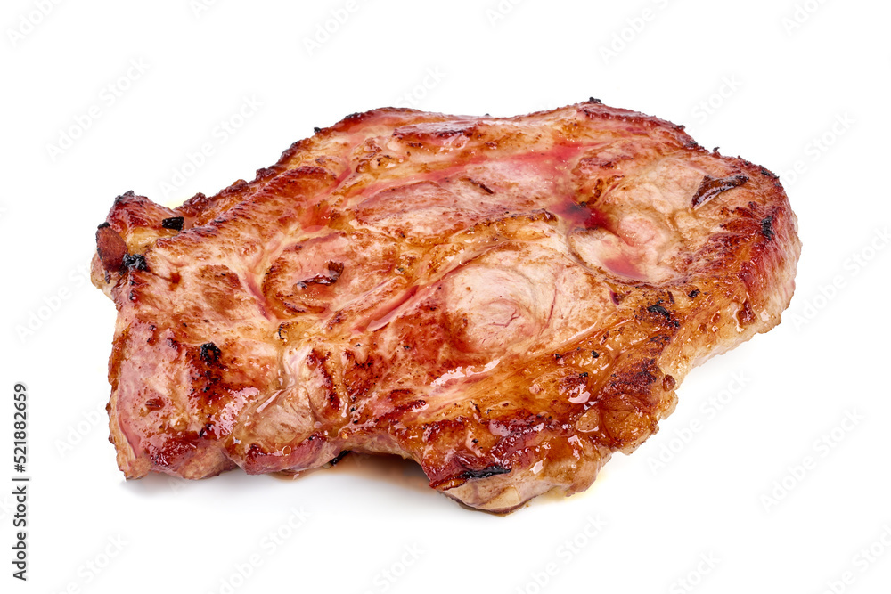 Roasted juicy pork steak, close-up, isolated on white background. Roasted juicy pork steak, close-up, isolated on white background.