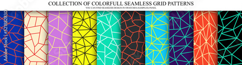 Collection of vector seamless geometric polygonal patterns - colorful design. Bright abstract ornamental backgrounds. Mosaic trendy prints