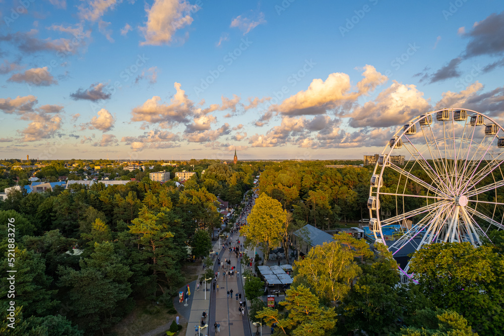 Aerial summer beautiful sunset view of Palanga ferris wheel (Baltic Sea), Lithuania