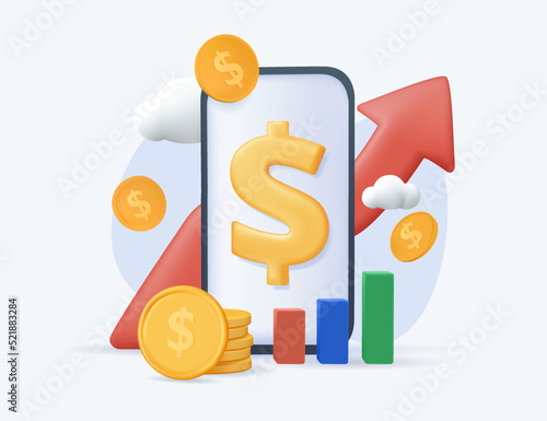 Internet online banking, investment and trading app. Crypto currency exchange, online wallet. Manage your finances 3D render modern vector illustration. Money, earnings with smartphone. 3D banking