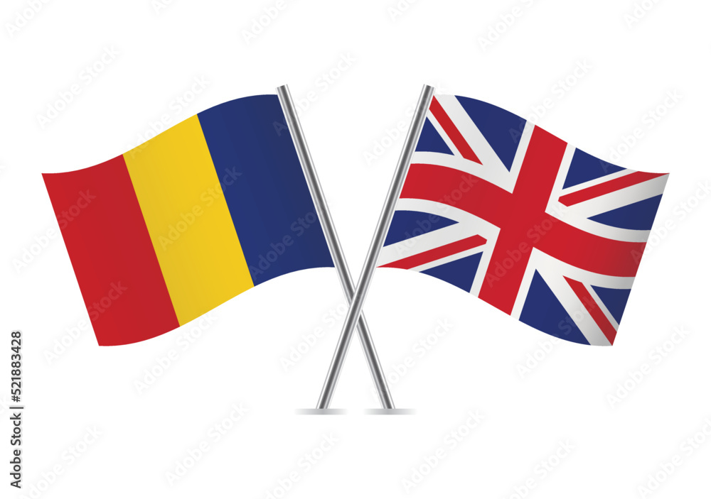 Romania and Britain crossed flags. Romanian and British flags on white background. Vector icon set. Vector illustration.