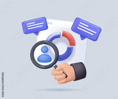 3D render Marketing analitics and development illustration. Taking part in business activities. Magnifying glass, zoom, customer review. Know your customer. Business statistics graph. 3D Trendy vector