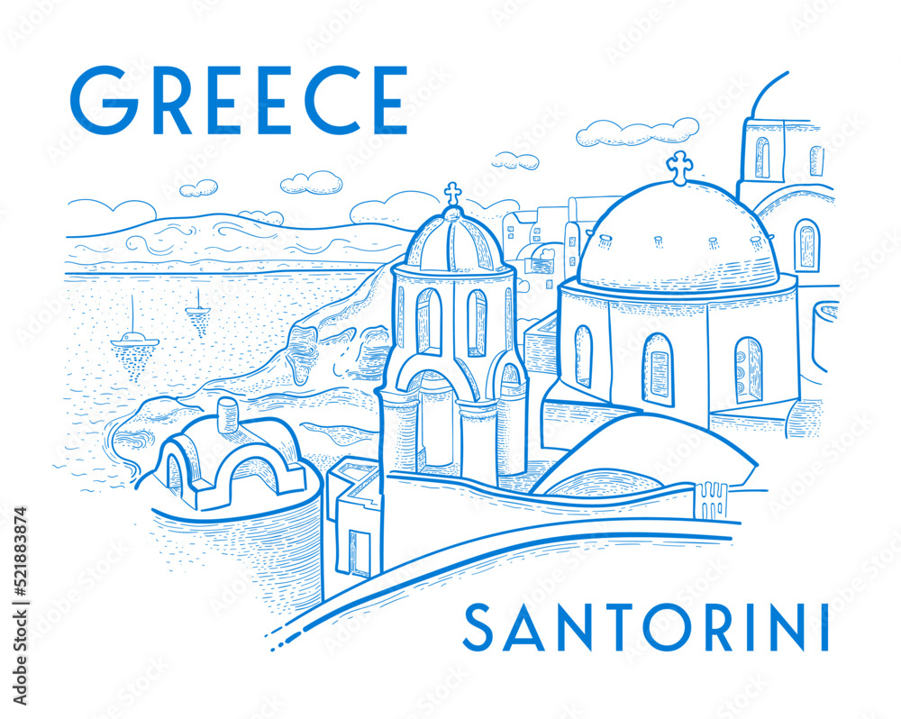 Santorini island, Greece. Beautiful traditional architecture and Greek Orthodox churches. The Aegean sea. Advertising card, flyer. Vector illustration in engraving style in blue color Santorini island, Greece. Beautiful traditional architecture and Greek Orthodox churches. The Aegean sea. Advertising card, flyer. Vector illustration in engraving style in blue color