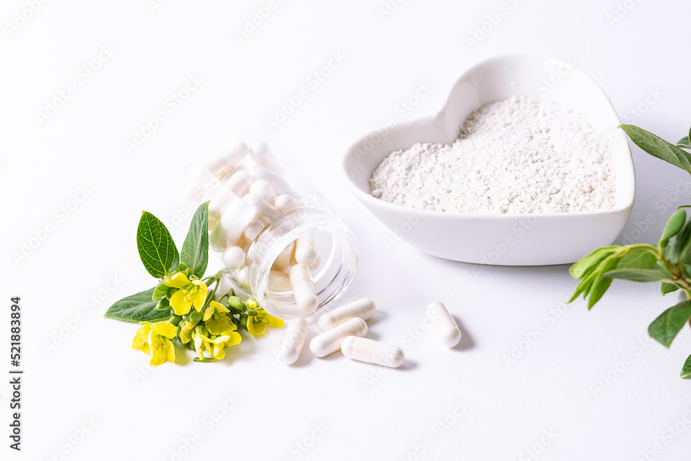 Different types of collagen,  capsules and powder on white background with fresh green leaves and flowers.