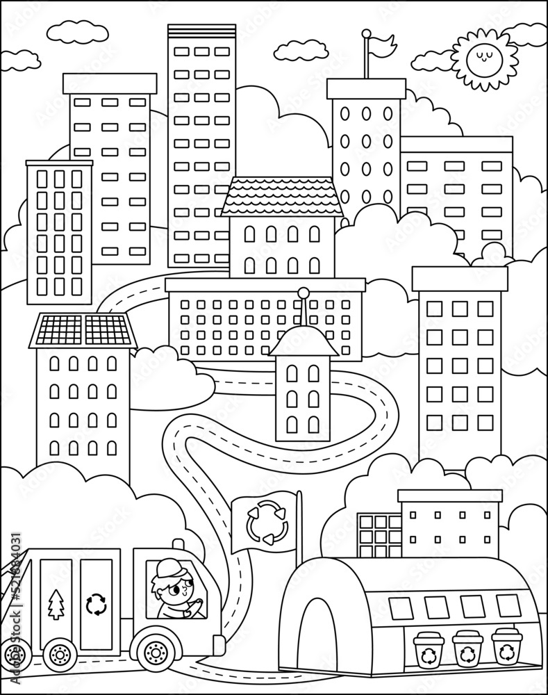 Vector black and white eco city scene. Ecological town landscape with zero waste concept. Green city line illustration with buildings, rubbish truck, waste recycling plant. Earth day coloring page.