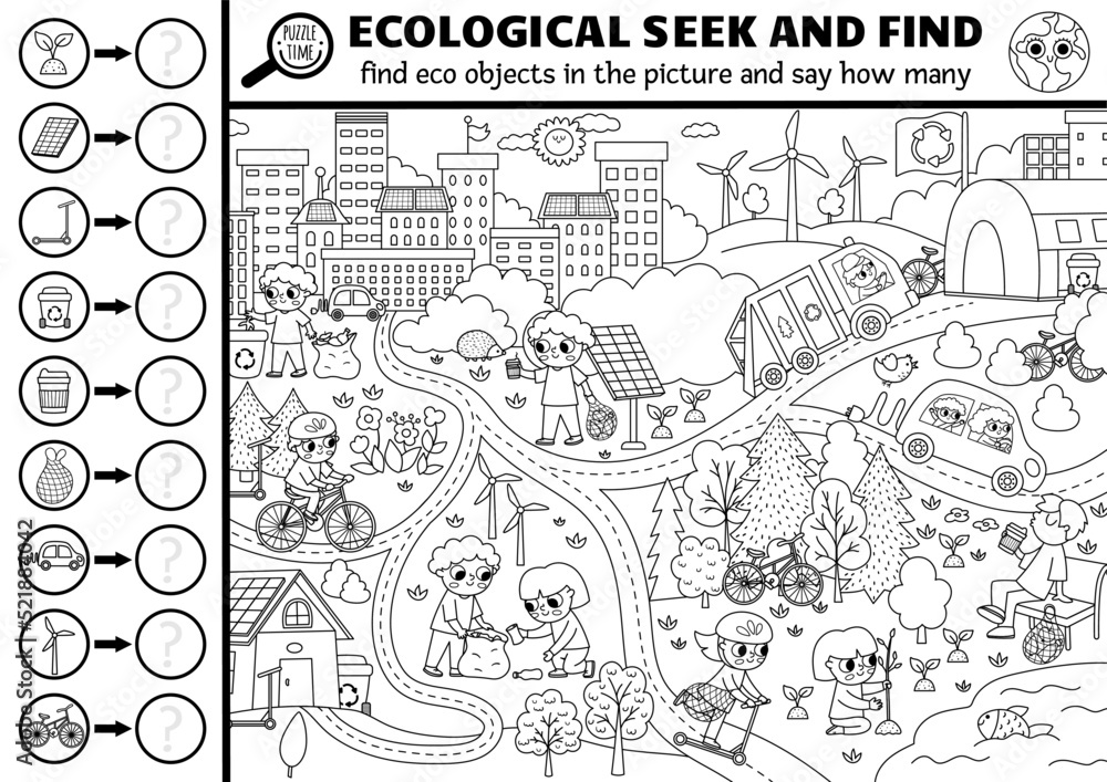 Vector black and white ecological searching game with eco city landscape. Spot hidden objects in the picture and say how many. Earth day seek and find and counting printable coloring page.