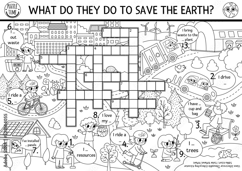 Vector ecological crossword puzzle for kids. Black and white Earth day quiz with eco city landscape. Eco awareness educational line activity or coloring page. Cute environment friendly cross word.