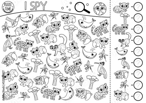 Ecological black and white I spy game for kids. Searching and counting activity with extinct animals. Earth day line printable worksheet. Eco awareness coloring page with endangered animals.