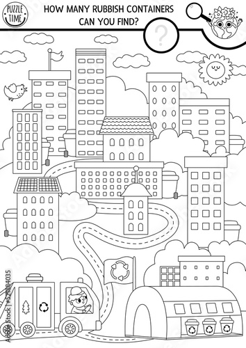 Vector black and white ecological searching game with city landscape and rubbish bins. Spot hidden garbage in the picture. Zero waste seek and find printable activity. Earth day coloring page.