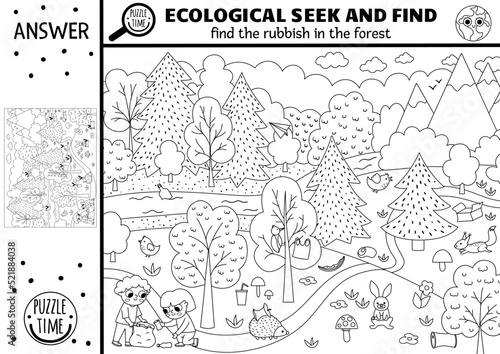 Vector black and white ecological searching game with forest landscape, rubbish. Spot hidden garbage in picture. Zero waste seek and find educational printable activity. Earth day coloring page.