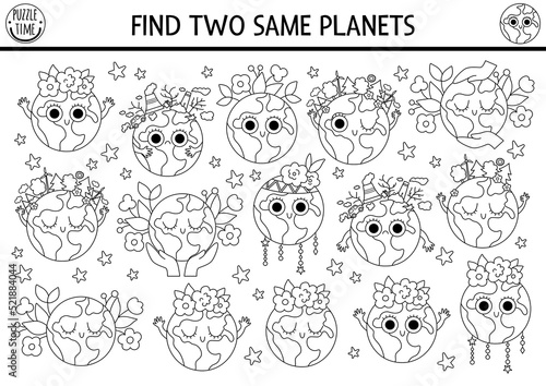 Find two same planets. Ecological black and white matching activity for children. Eco awareness educational quiz worksheet for kids for attention skills. Earth day printable coloring page.