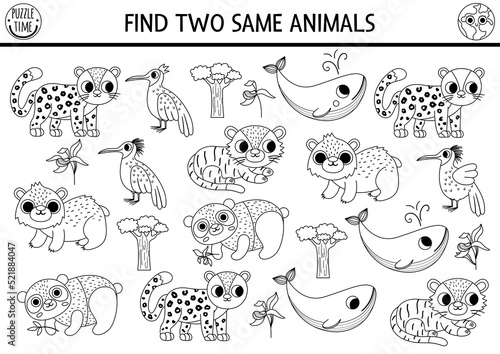 Find two same endangered animals. Ecological black and white matching activity for children. Eco awareness educational quiz or line worksheet for kids. Simple printable coloring page.
