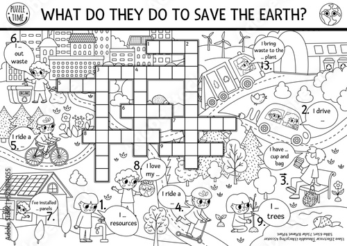 Vector ecological crossword puzzle for kids. Black and white Earth day quiz with eco city landscape. Eco awareness educational line activity or coloring page. Cute environment friendly cross word.