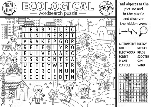 Vector ecological wordsearch puzzle for kids. Black and white Earth day word search quiz with eco city landscape. Eco awareness line activity. Environment friendly cross word, coloring page.