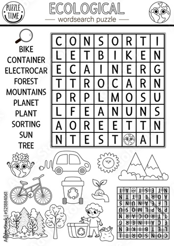 Vector ecological wordsearch puzzle for kids. Black and white Earth day word search coloring page with forest, waste sorting. Eco awareness educational activity. Environment friendly cross word