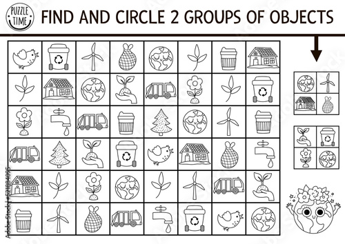 Ecological seek and find game with traditional symbols. Black and white attention skills training puzzle with zero waste concept. Earth day printable activity or coloring page for kids.