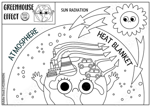 Greenhouse effect banner for kids. Kawaii style black and white ecological problem explanatory poster. Educational Earth day line illustration. Sun radiation and atmosphere coloring page.