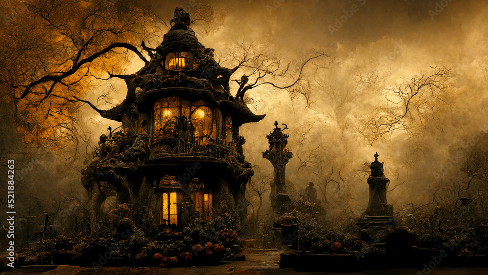 Fototapeta premium Halloween theme with spooky house, trees and a grave headstone, 3D Illustration 16:9