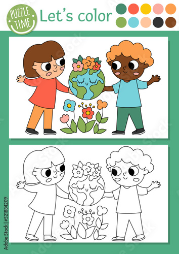 Ecological coloring page for children with kids holding planet. Vector eco awareness outline illustration. Color book for kids with colored example. Drawing skills printable worksheet.