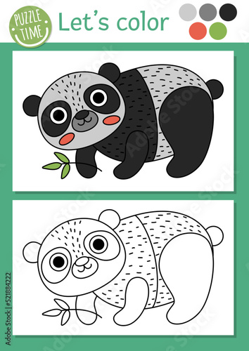 Ecological coloring page for children with panda bear. Vector eco awareness outline illustration with cute animal. Color book for kids with colored example. Drawing skills printable worksheet.