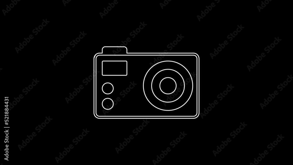 White line Photo camera icon isolated on black background. Foto camera. Digital photography. 4K Video motion graphic animation White line Photo camera icon isolated on black background. Foto camera. Digital photography. 4K Video motion graphic animation