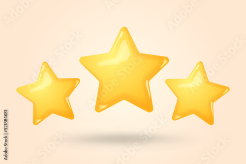 Three yellow stars glossy colors. Customer rating feedback concept from client about employee of website. Realistic 3d design.