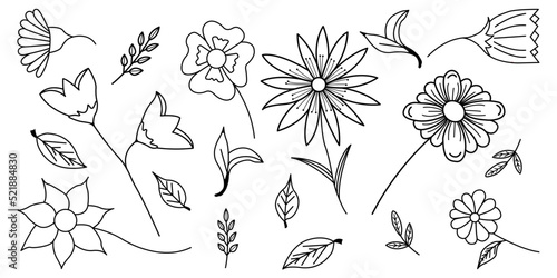 Flower set. Tile textures with a set of thin linear web icons. Vector illustration. Abstract background of flowers and leaves for mobile application, coloring book, website, presentation.