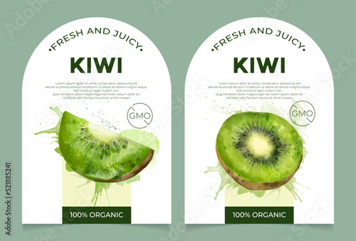 Set of 2 labels, packaging of fresh and juicy kiwi fruit. Natural organic product, gmo free. Text with watercolor realistic fruit on white base. Template for your product.