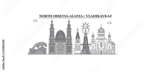 Russia, Vladikavkaz city skyline isolated vector illustration, icons