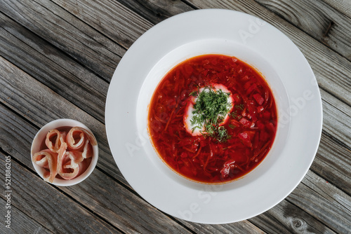 Photo for menu, Ukrainian borscht with sour cream, food background, Food and health. Top view