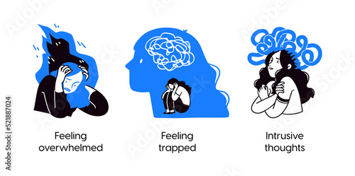 Mental health and psychology concept llustrations. Overwhelming and trapped feelings, intrusive thoughts. Visual Stories Collection.