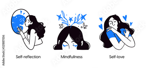 Mental health and psychology concept llustrations. Self-reflection, mindfullness, self-love Visual Stories Collection.