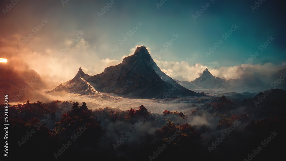 Fantasy mountain landscape with clouds and fog. 3D illustration.