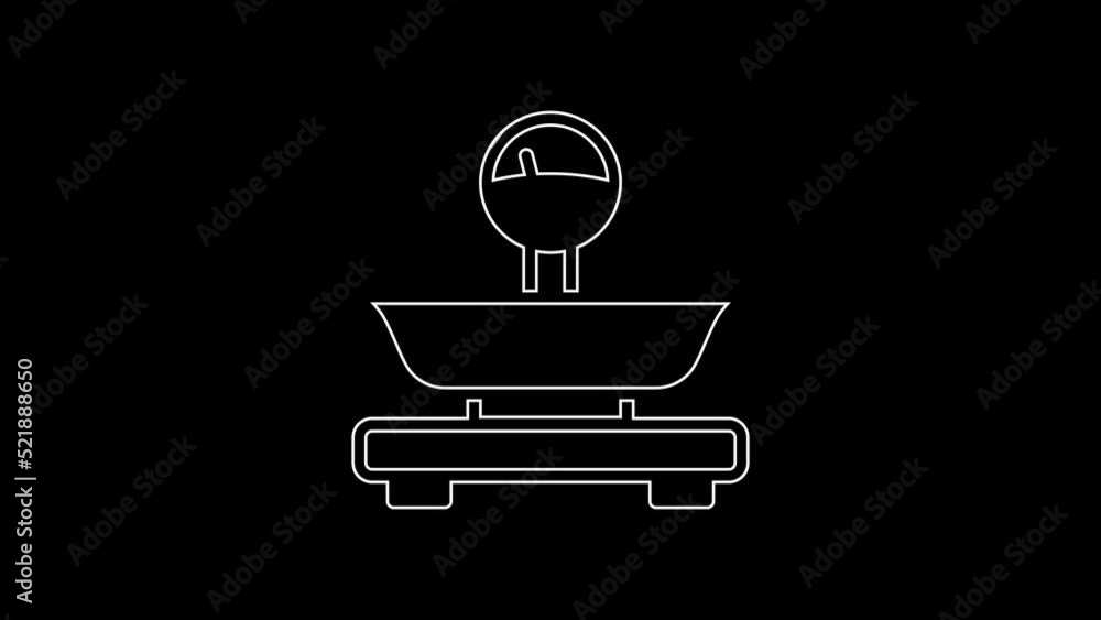 White line Scales icon isolated on black background. Weight measure equipment. 4K Video motion graphic animation White line Scales icon isolated on black background. Weight measure equipment. 4K Video motion graphic animation