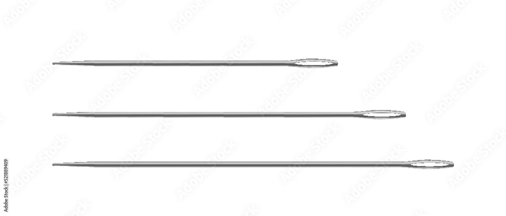 Sewing needles set. Realistic metal or silver needles of different lengths with eyelet for thread