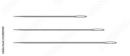Sewing needles set. Realistic metal or silver needles of different lengths with eyelet for thread