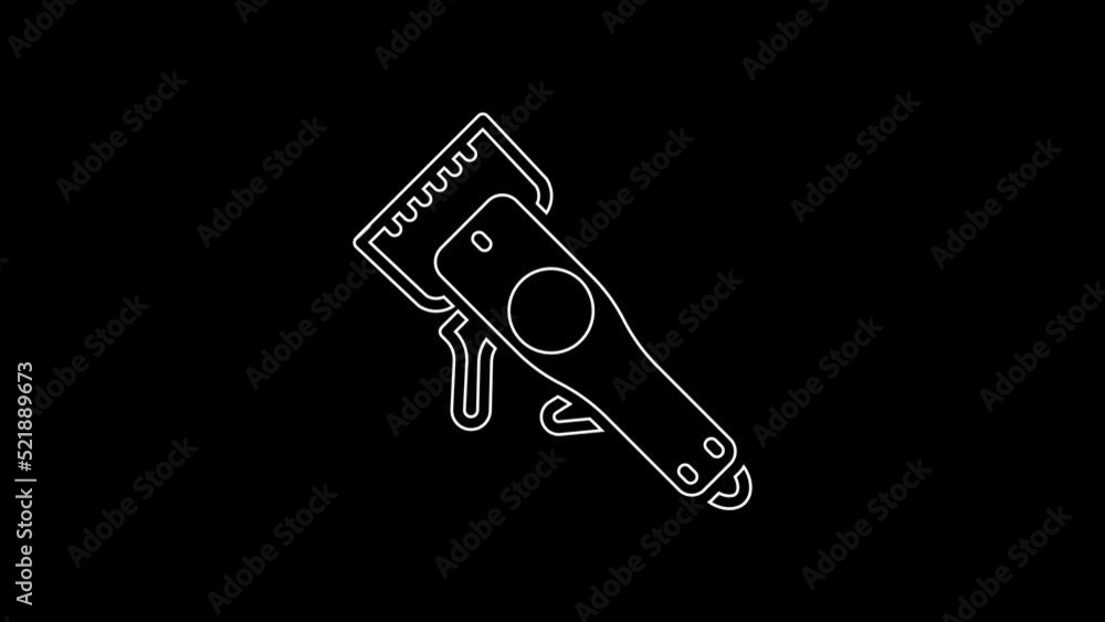 White line Electrical hair clipper or shaver icon isolated on black background. Barbershop symbol. 4K Video motion graphic animation White line Electrical hair clipper or shaver icon isolated on black background. Barbershop symbol. 4K Video motion graphic animation