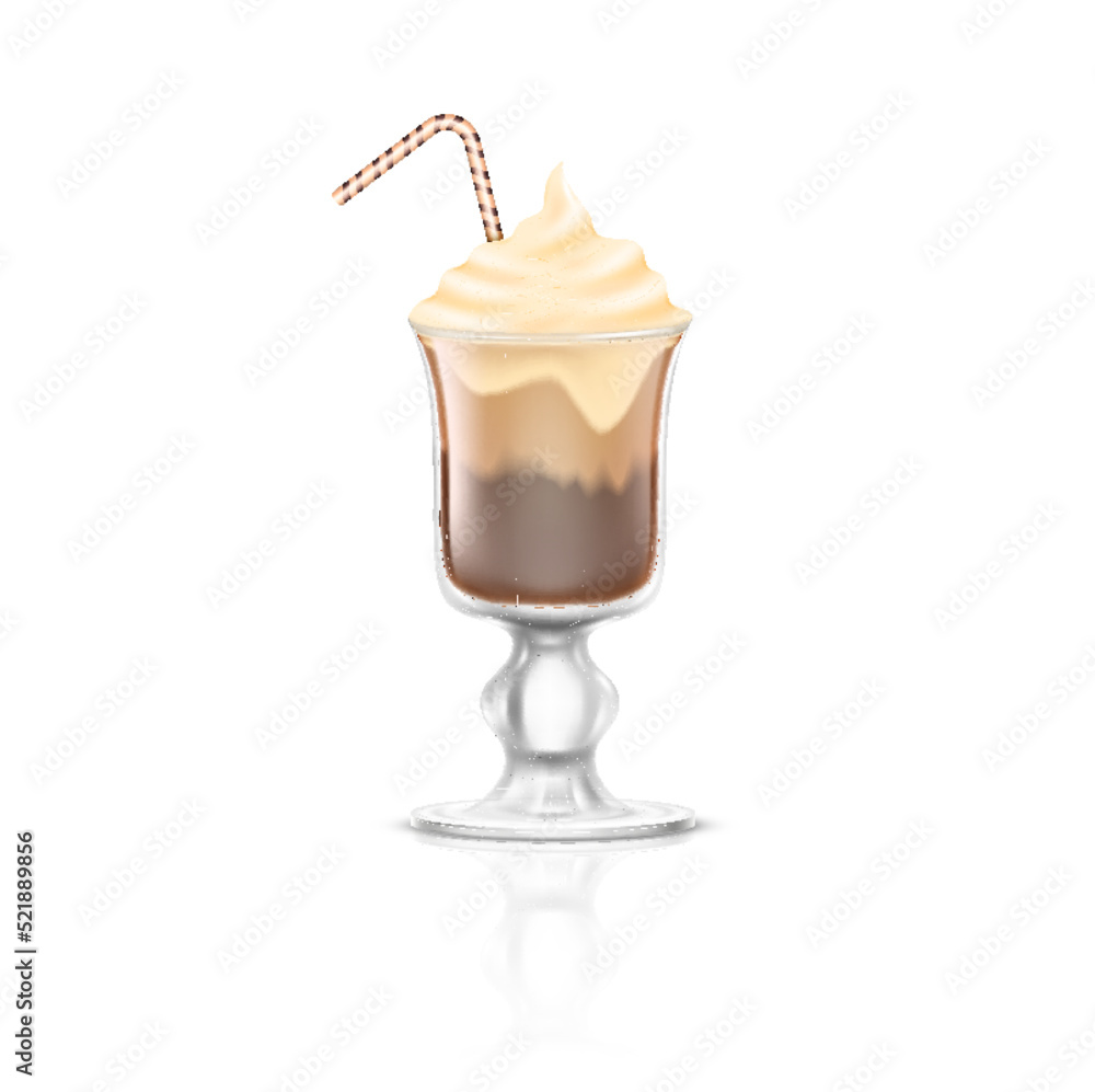 Milkshake with soft serve ice cream and garnish. Cocktail in realistic glass. Summer beverage drink