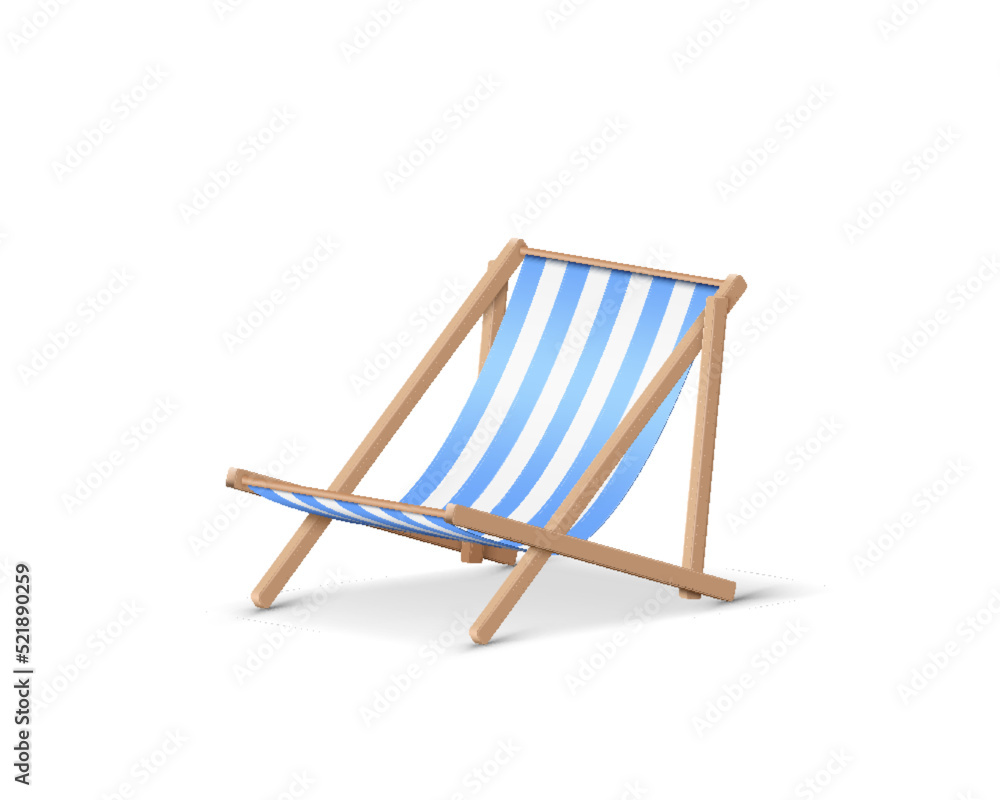 Realistic summer sunbed wooden beach chair. 3d wood striped summer deck for sunbathing