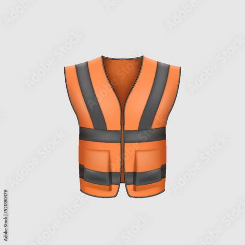 Realistic orange safety vest. Protective uniform clothing for workers. High visibility waistcoat