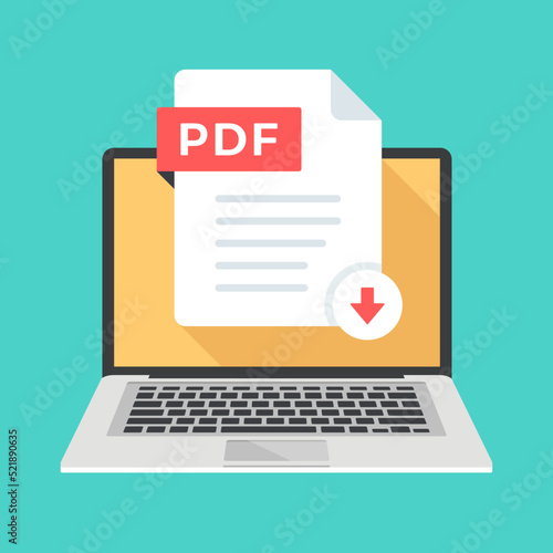 Download PDF. PDF file on laptop screen. Downloading document. Vector illustration