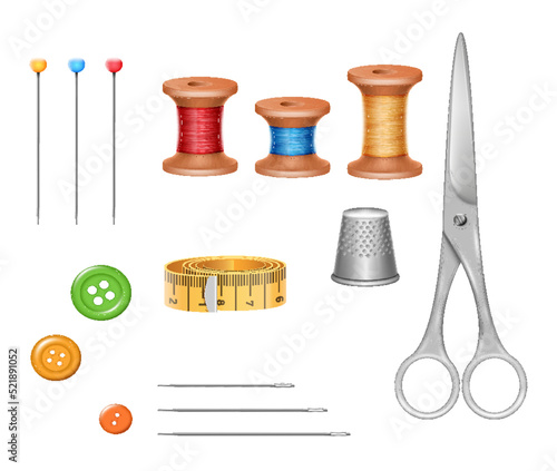 Set of tools for tailoring. Realistic stool, needle, thread, scissors, buttons and thimble