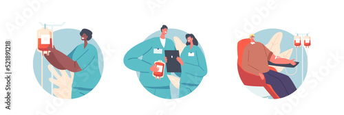 Blood Donation Isolated Round Icons or Avatars, Volunteer Character Sitting in Medical Hospital Chair Donating Lifeblood
