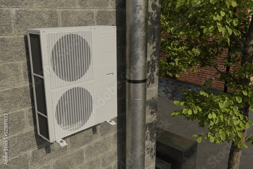 two-fan air conditioner on the wall of the house and air ducts 3d  photo