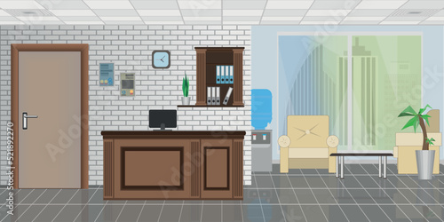 Modern hotel reception desk interior with furniture. flat style