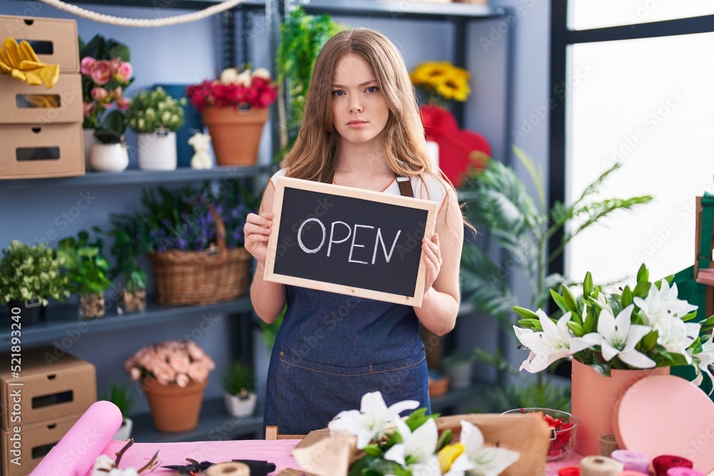 Caucasian woman working at florist holding open sign skeptic and nervous, frowning upset because of problem. negative person.