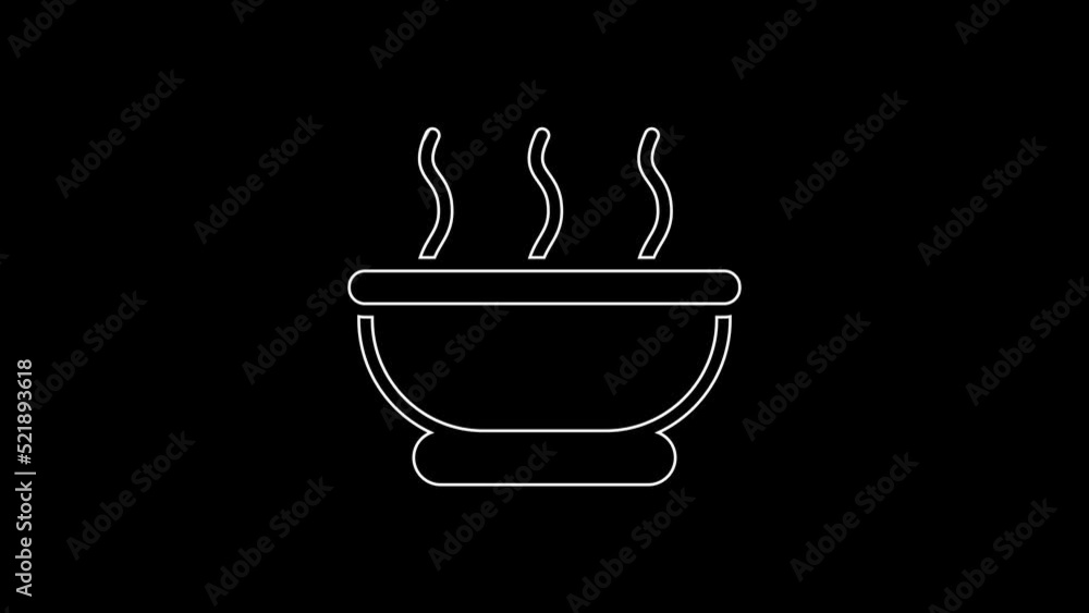 White line Bowl of hot soup icon isolated on black background. 4K Video motion graphic animation White line Bowl of hot soup icon isolated on black background. 4K Video motion graphic animation