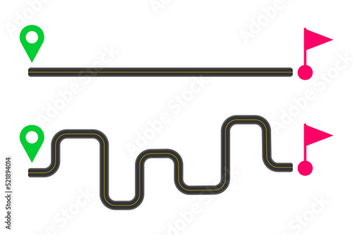 Straight and curved roads with markup from start map pin to finish flag sign. Easy and hard way, fast and slow delivery, short and long path, ideal and real plan concept. Vector flat illustration